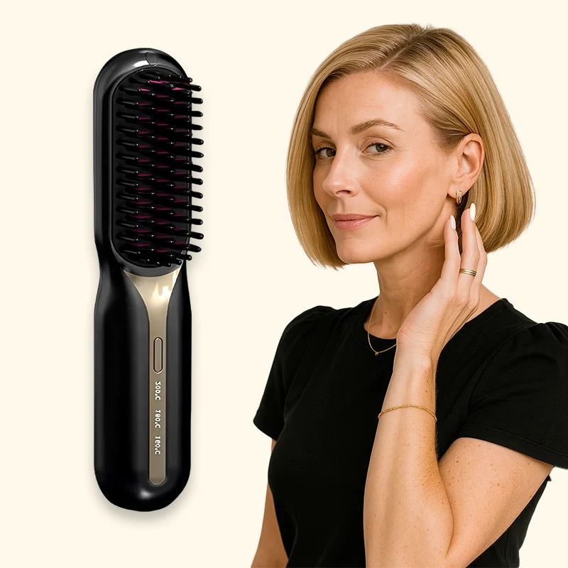 A melhor escova alisadora que faz o mesmo efeito de progressiva em segundos sem perder tempo e dinheiro com horas no salão de beleza. São 5 funções em uma: Alisa, sela, modela, alinha e anti frizz.